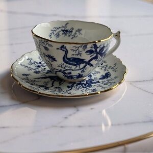 Vintage Coalport Blue & White Teacup & Saucer Cairo Gold Color Rim England